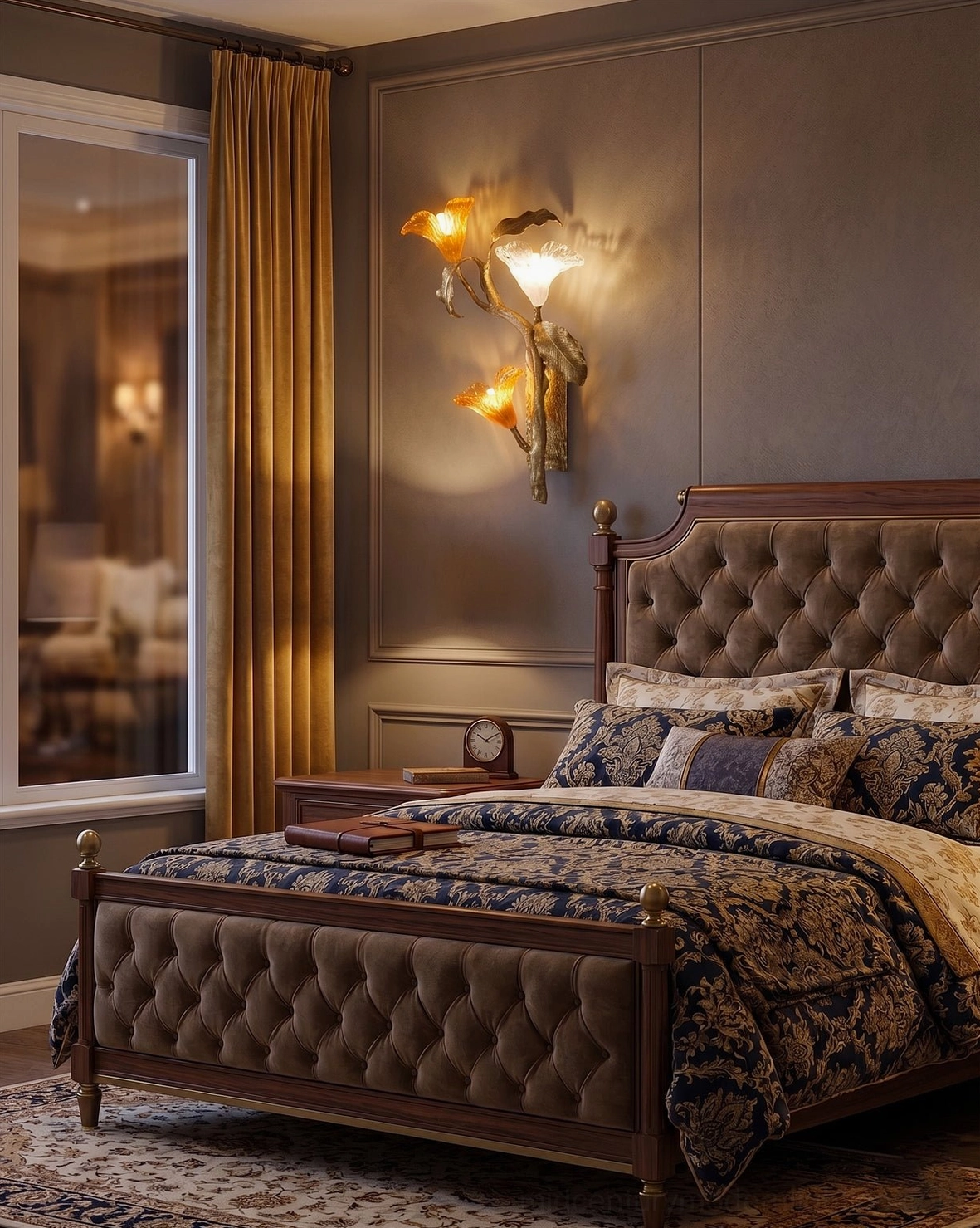 Minimalist modern bedroom with single lily branch brass wall sconce in muted neutral tones