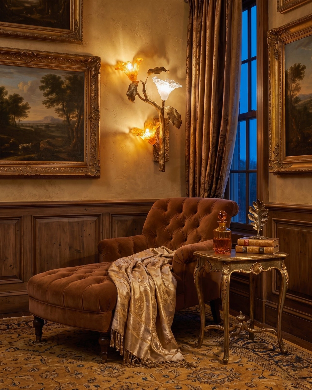 Single lily branch brass sconce above console in traditional reading lounge with oil painting wall art