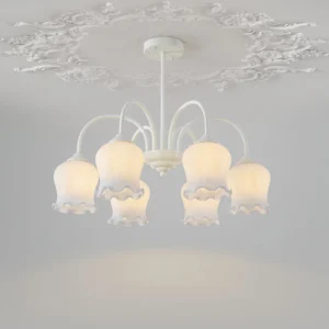 Lily of the valley chandelier ceiling installation overhead view showing ruffled frosted glass shades against ornate ceiling