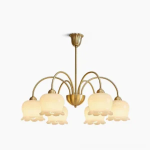 Lily of the Valley 6-head brass chandelier with cream resin shades, direct overhead studio view showcasing mid-century modern design and botanical-inspired architecture