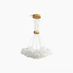 Lily of the valley pendant chandelier in gold and white, front view against pure white background showing all flower-shaped frosted acrylic shades
