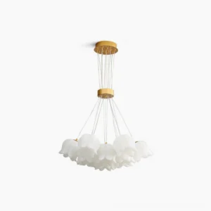 Lily of the valley pendant chandelier in gold and white, front view against pure white background showing all flower-shaped frosted acrylic shades