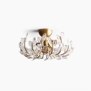 Lindsay floral brass ceiling light with clear glass botanical accents, flat lay product photography on white background