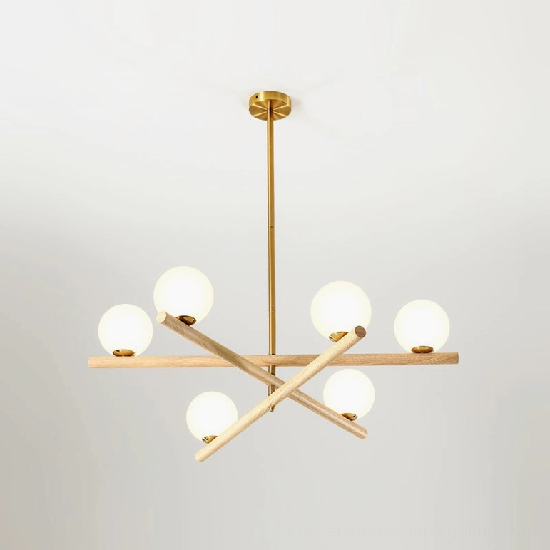 6-head compact sputnik chandelier with frosted white opal glass shades and wood-grain metal arms in gold finish