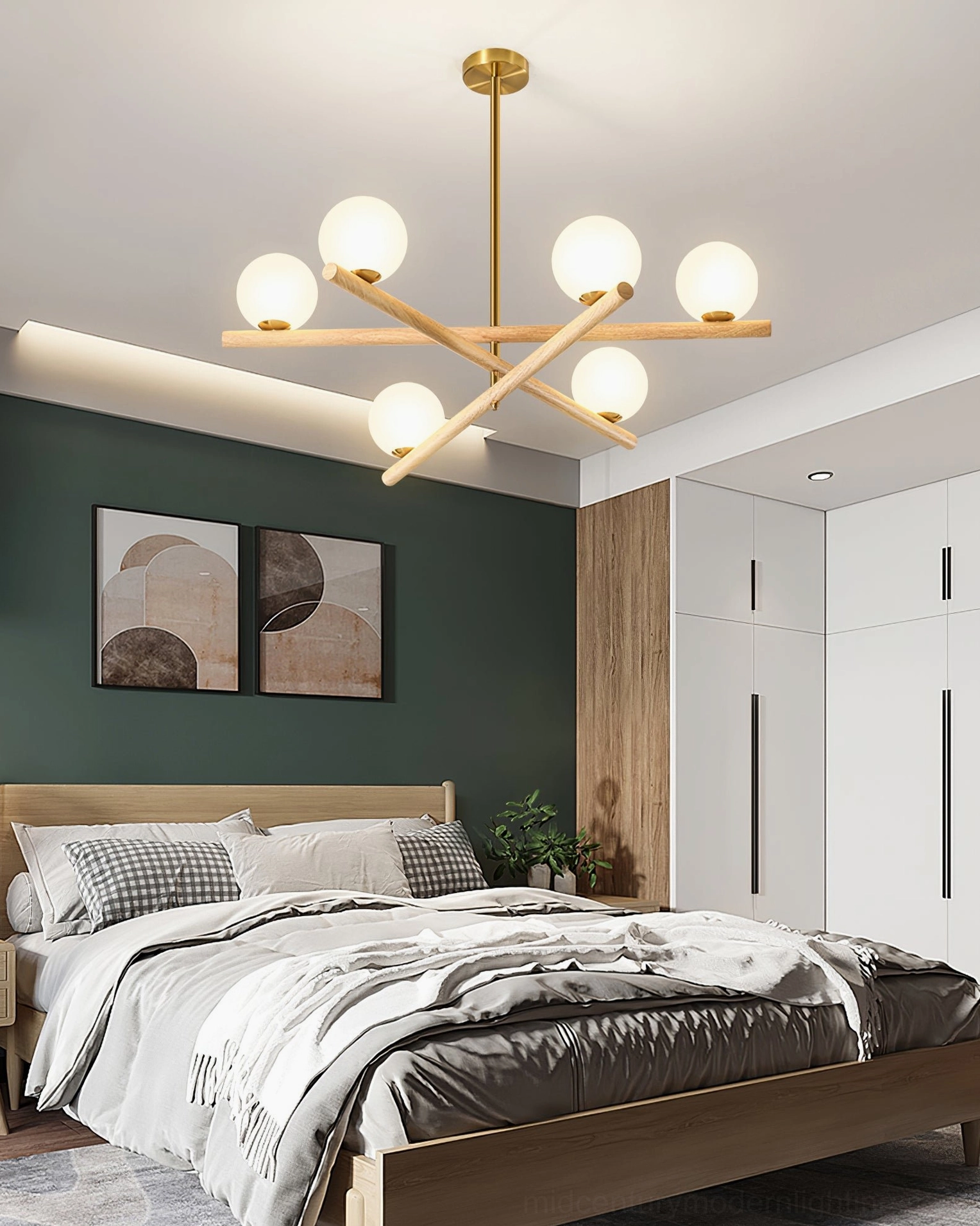 Detail view of sputnik globe pendant lighting fixture highlighting wood-textured arms and frosted white glass orbs