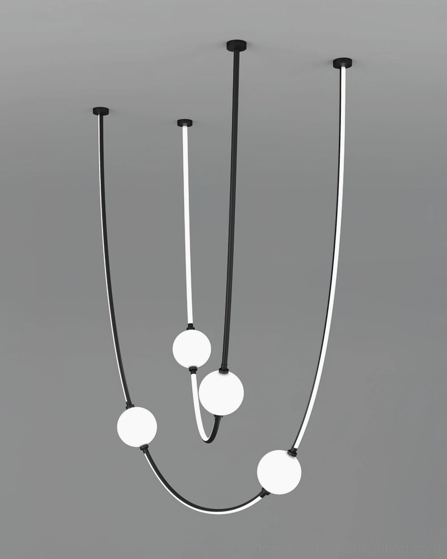 All-black Linea Curva curved pendant chandelier with frosted white glass balls minimalist modern lighting