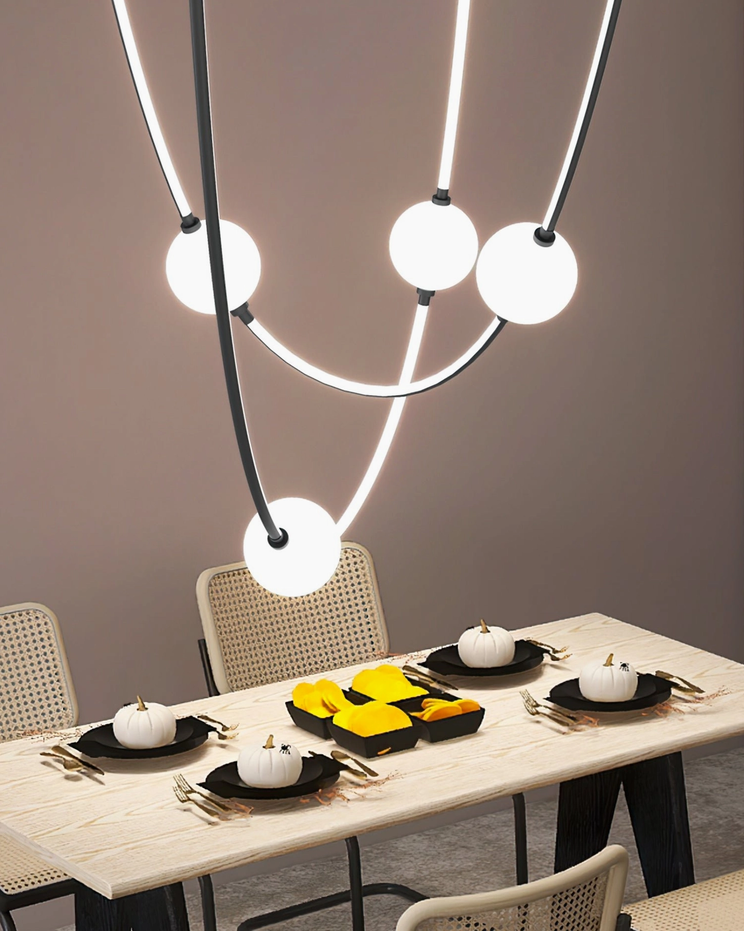 Linea Curva curved glass ball chandelier detail view metal framework and frosted sphere construction