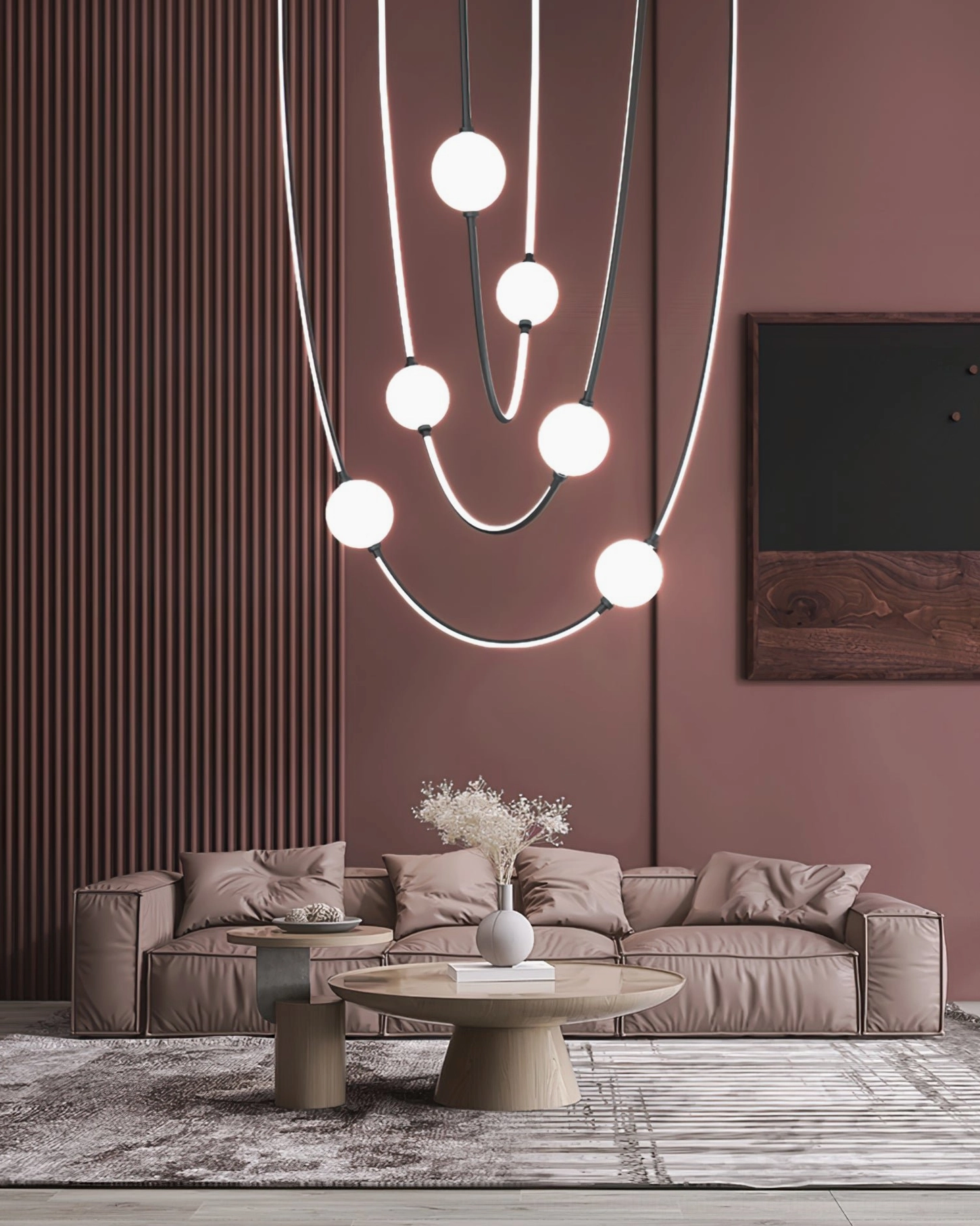 Linea Curva curved pendant lamp glowing above modern living room sofa contemporary luxury interior design