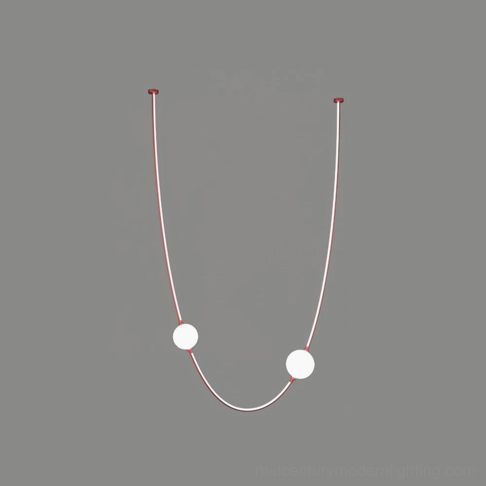 Linea Curva red finish curved metal pendant with frosted glass spheres contemporary design