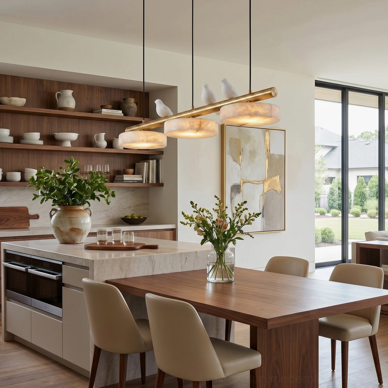 Contemporary alabaster bird chandelier suspended above kitchen dining area with wood cabinetry