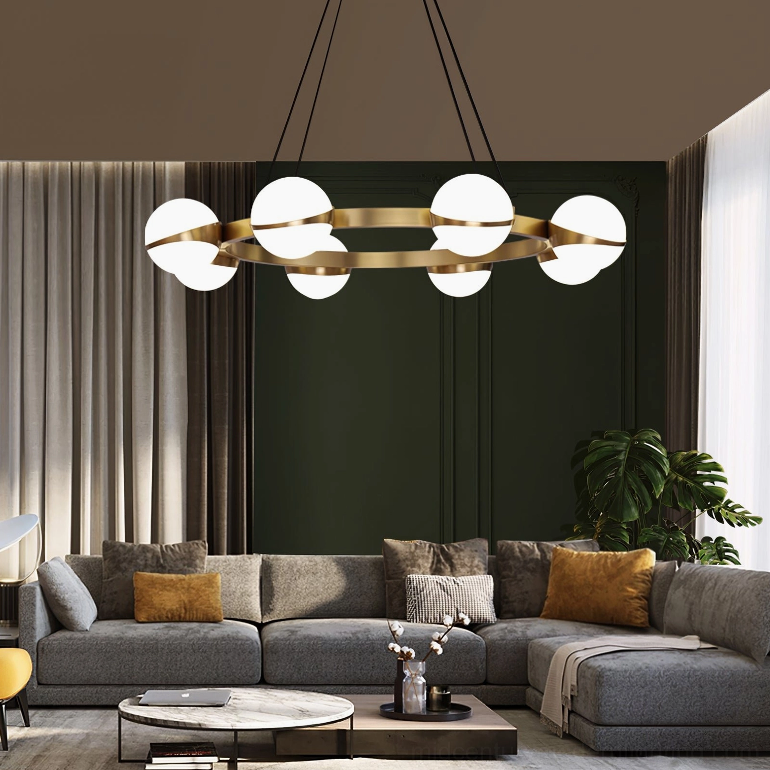 Linear brass chandelier showroom display, Grand Lustre modern pendant lighting multiple configuration options
