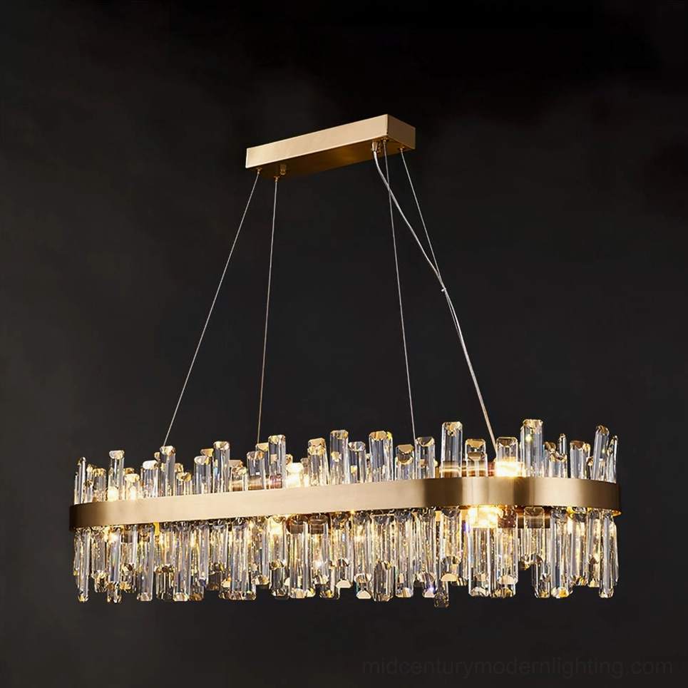 Linear brass crystal chandelier with square canopy in contemporary dining room setting