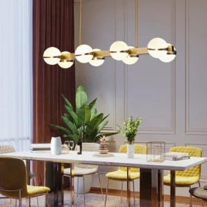 Linear brass chandelier suspended in luxury dining room, Grand Lustre multi-head pendant with warm gold frame and glowing glass