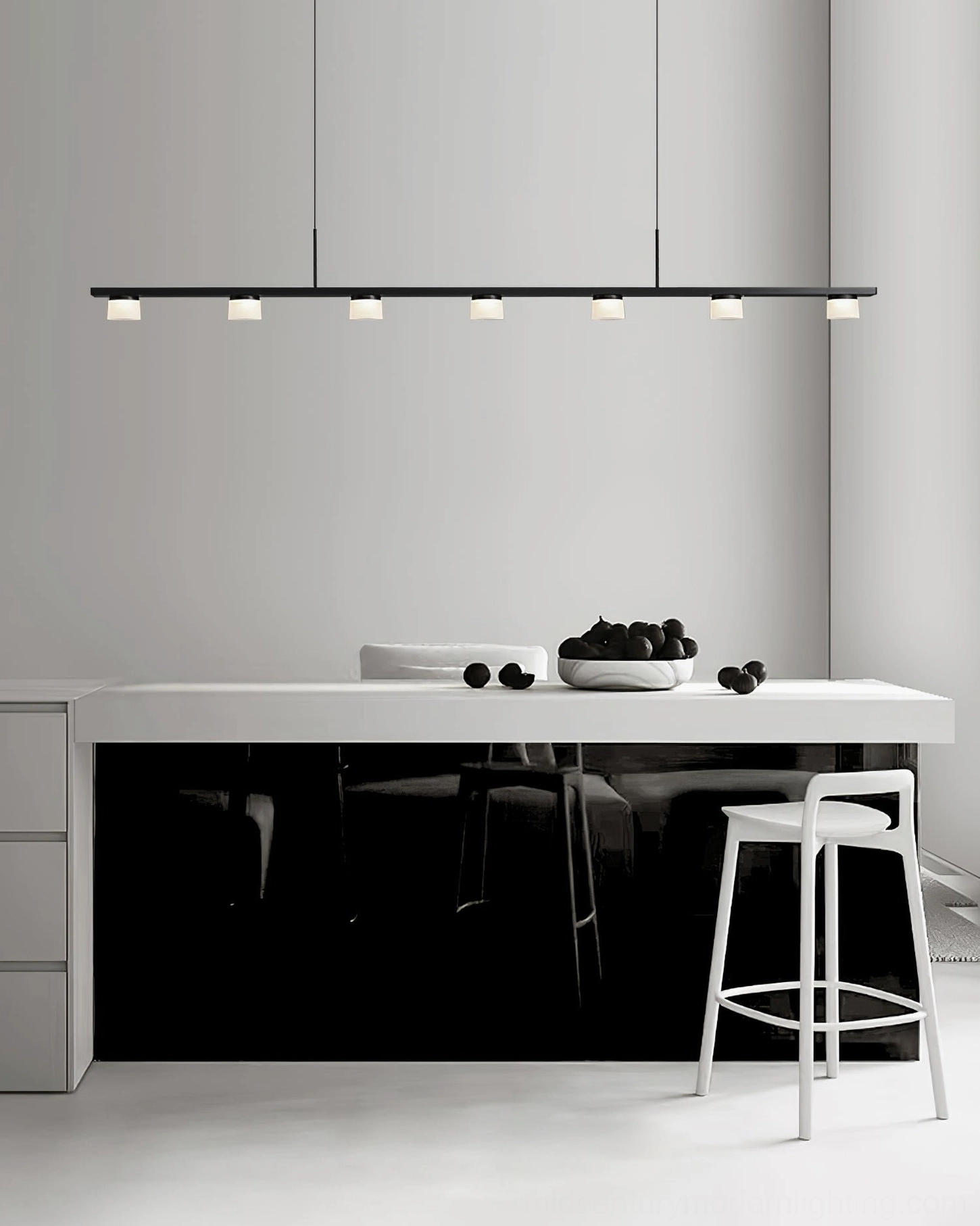 Modern linear chandelier eye level dark dining room seven square pendant lights warm glow