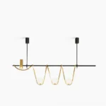 Modern linear island chandelier with dual gold and black metal arms and frosted white glass bulbs - mid-century pendant lighting design
