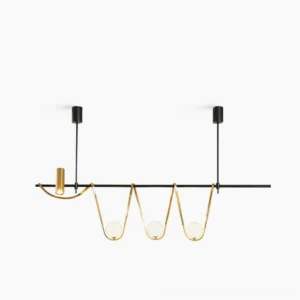 Modern linear island chandelier with dual gold and black metal arms and frosted white glass bulbs - mid-century pendant lighting design