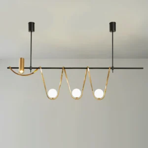 Contemporary linear pendant chandelier with frosted glass orbs and curved metal frame - elegant dining room lighting fixture