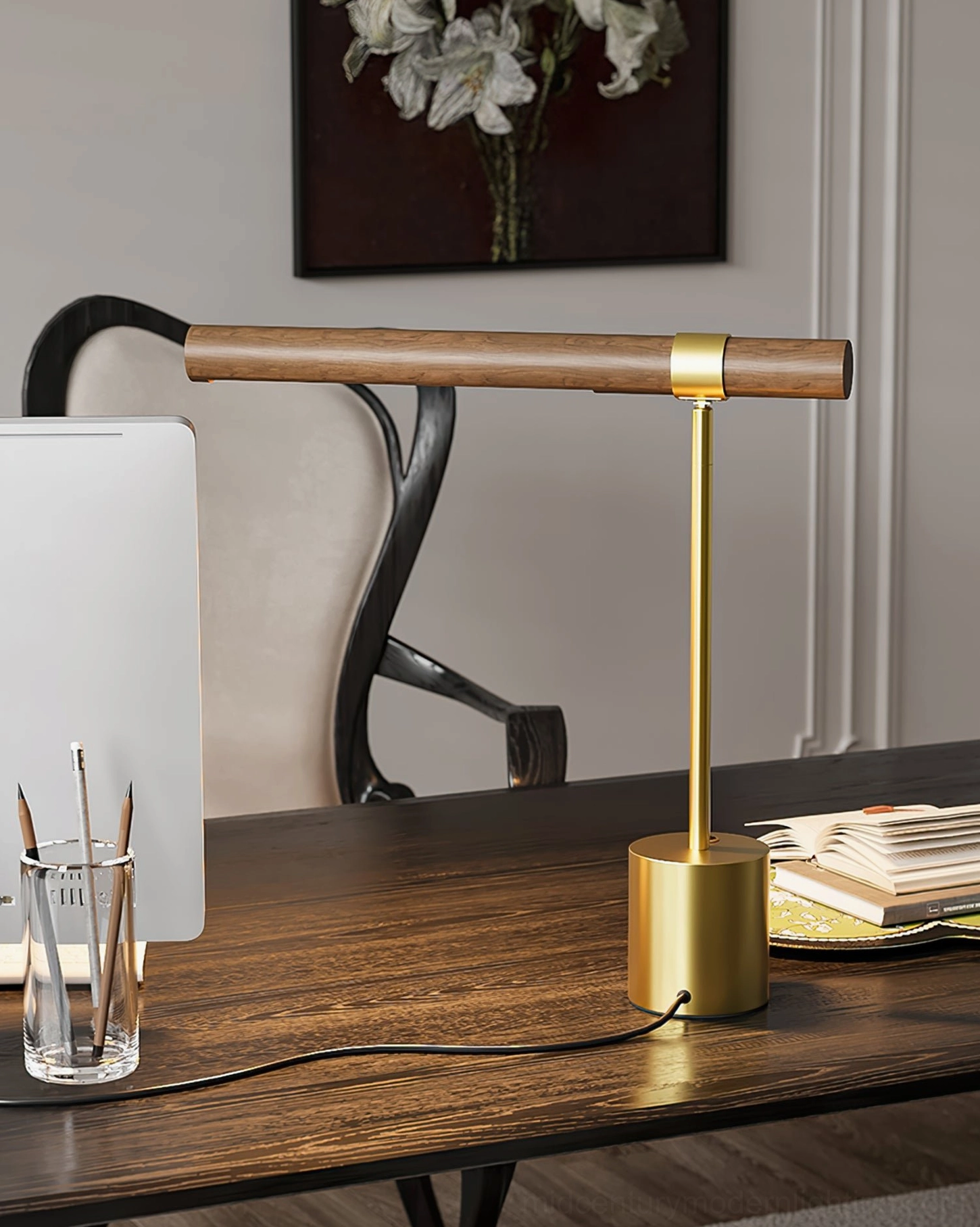Computer desk lamp positioned beside monitor and stationery cup, polished gold walnut design, office environment