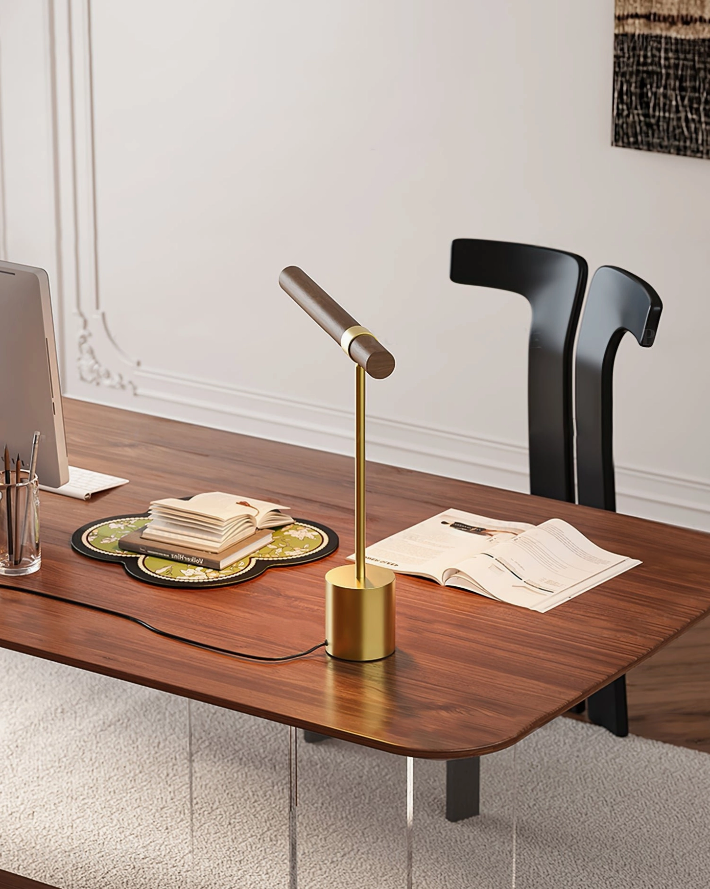 Minimalist table lamp in modern home office with stationery and reading books, contemporary workspace styling