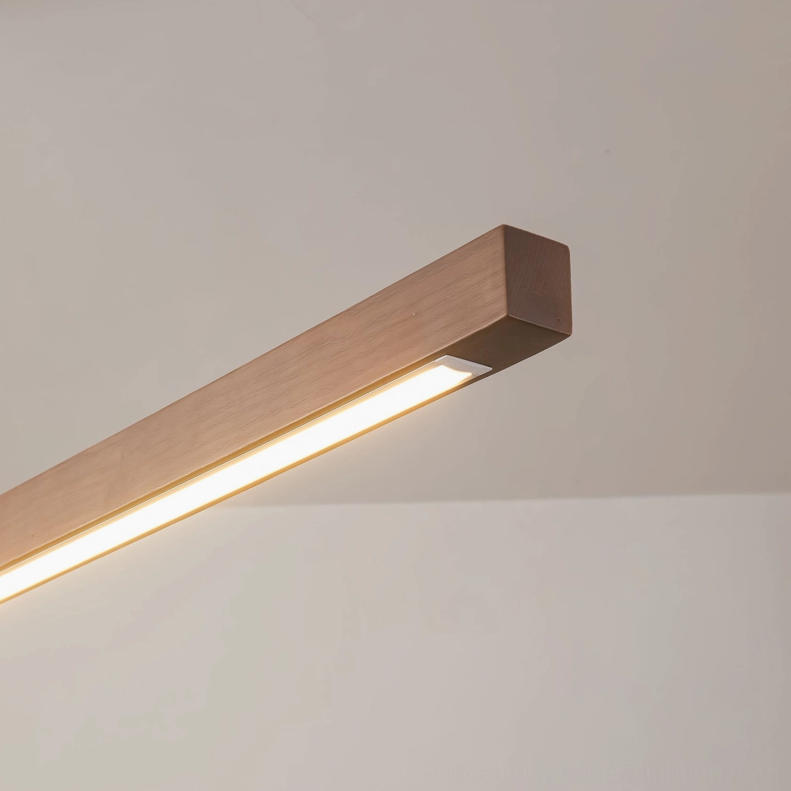 Linear wood chandelier dimensional view showing length, width, and height proportions with brass accents