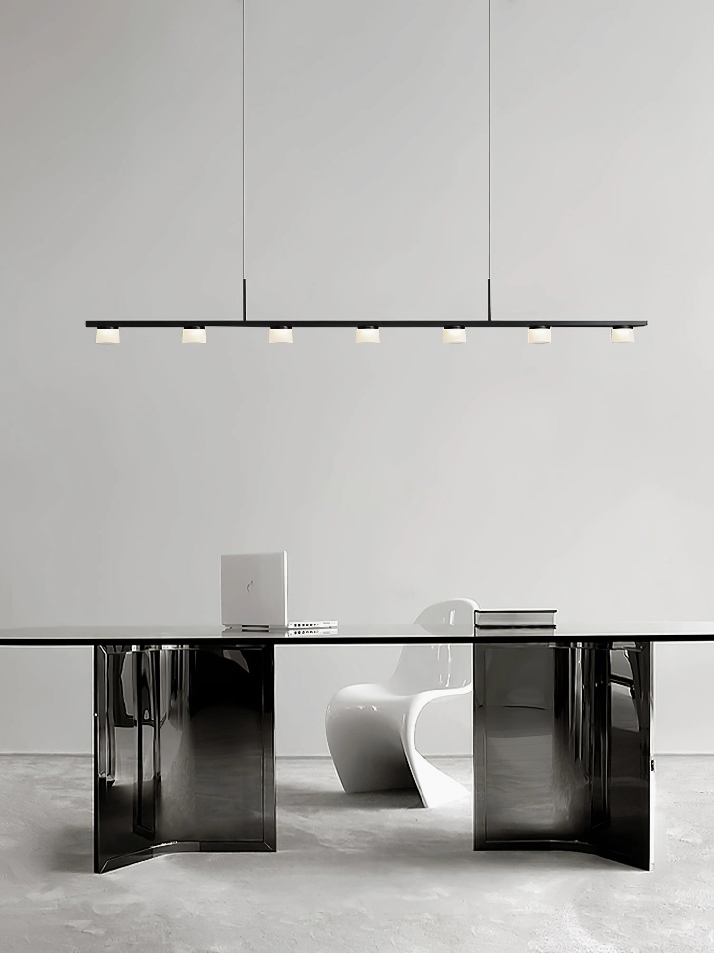 Contemporary linear pendant light kitchen bar counter white black minimalist interior design
