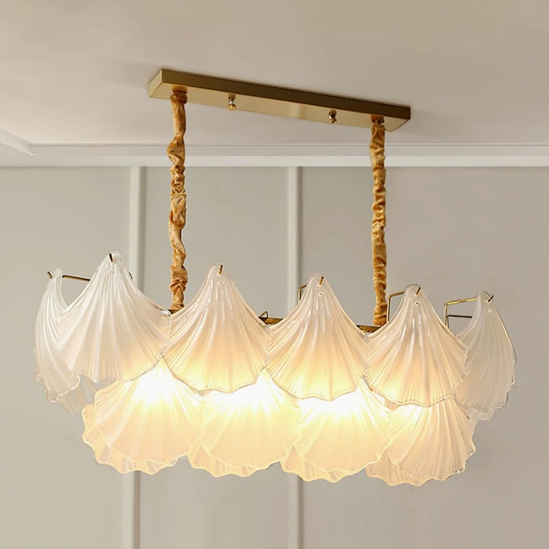 Linear two-layer scallop shell chandelier with brass frame in contemporary home decor style