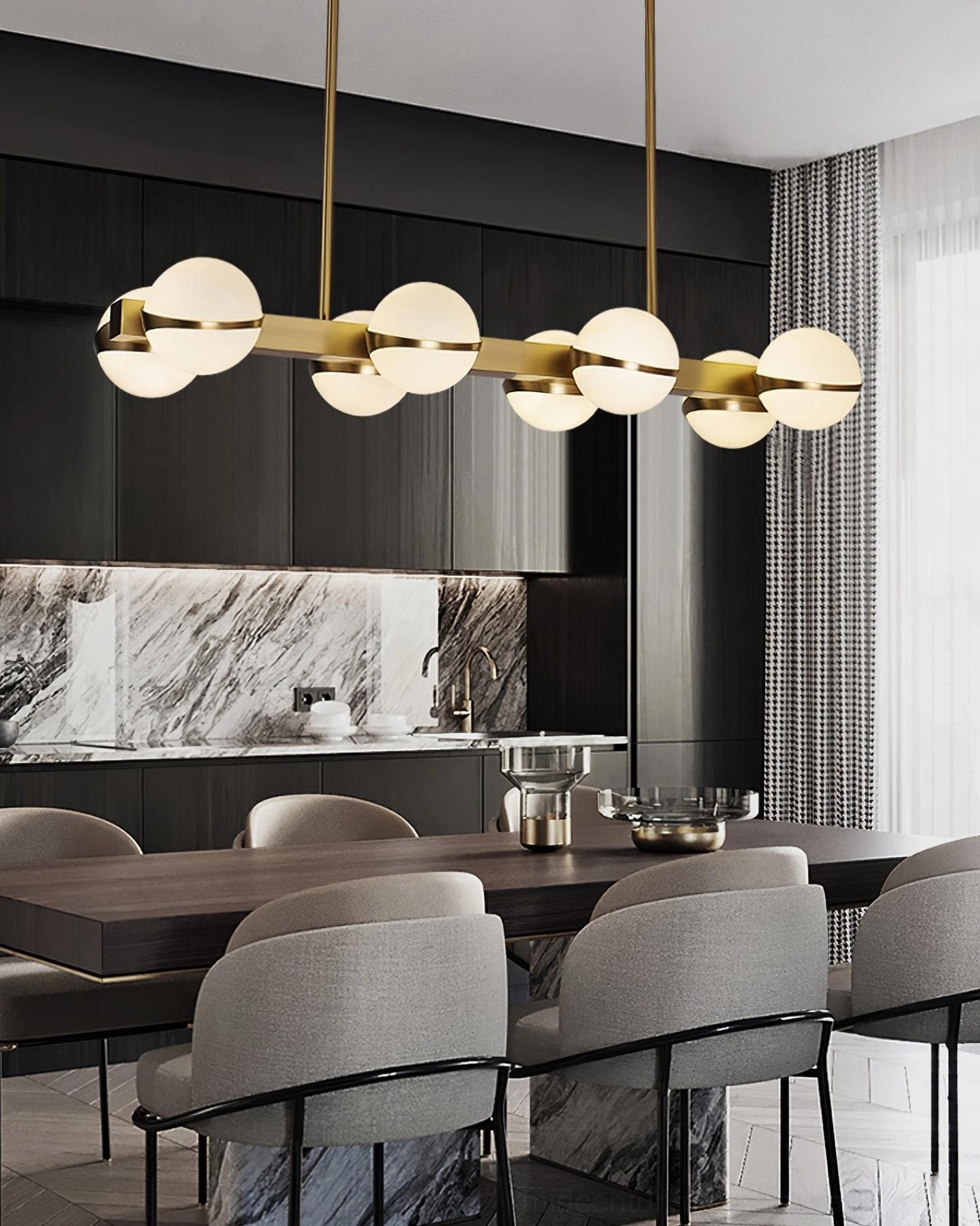 Linear suspension chandelier with brass frame, Grand Lustre modern lighting fixture horizontal configuration
