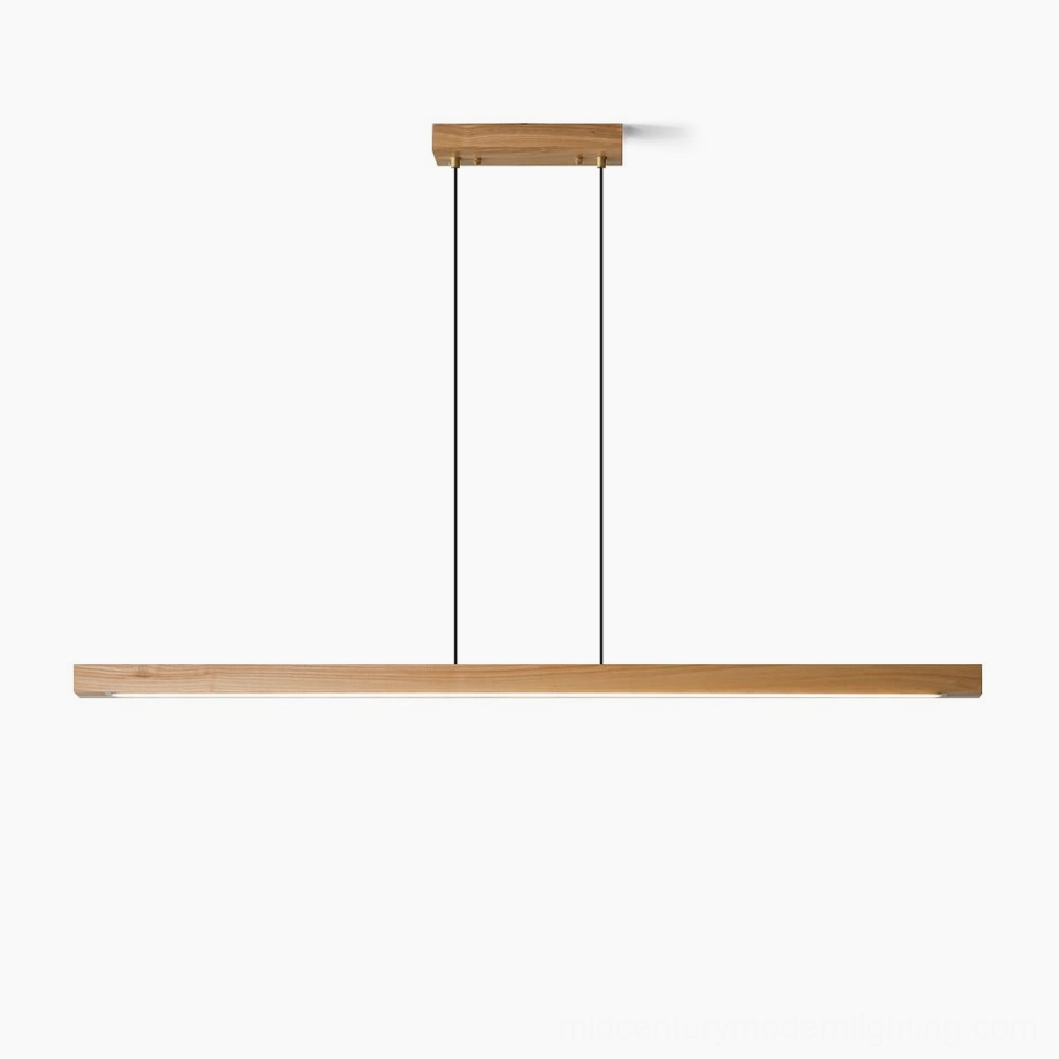 Linear wooden LED pendant light with natural wood finish and brass accents on white background, showing clean minimalist design