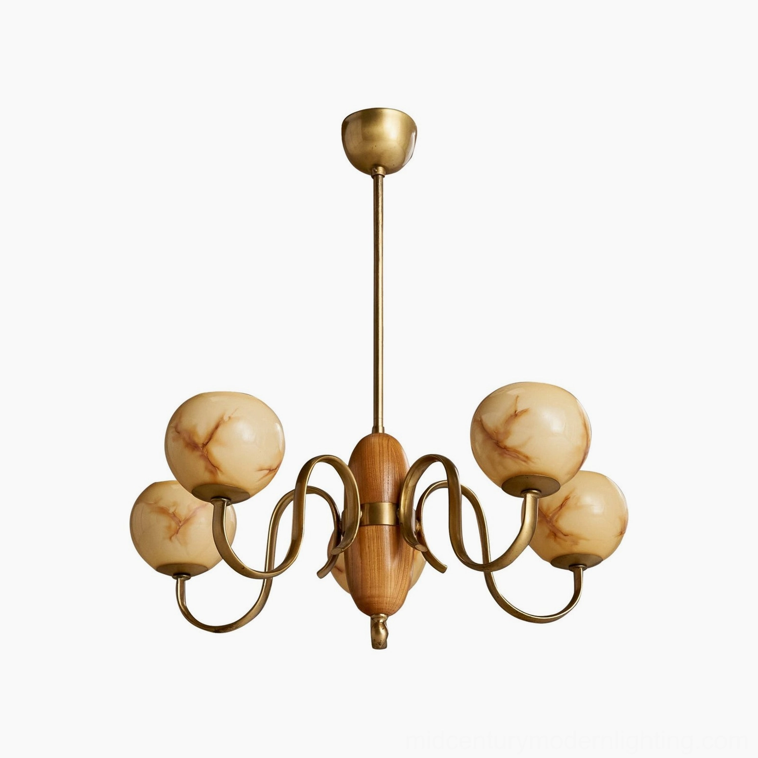 Linnea mid-century chandelier architectural lighting in period interior with natural wood finishes