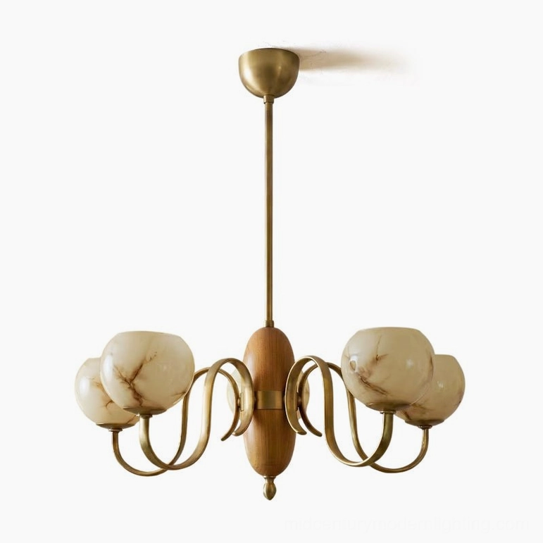 Linnea 5-light standard chandelier for six-foot dining table with balanced walnut and brass proportions