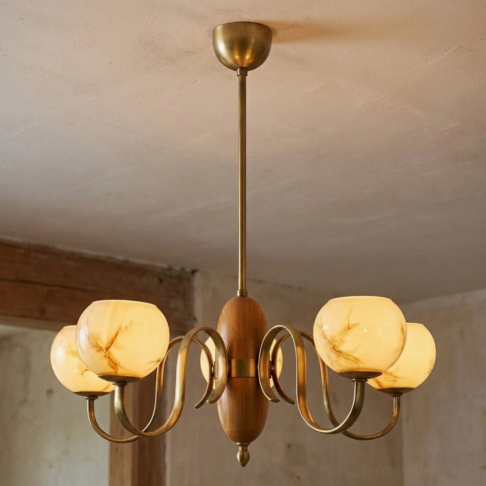 5-light Linnea chandelier illuminated in vintage interior space, showing warm honeyed glow from hand-blown glass shades
