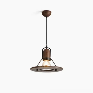 Lioren mid-century industrial pendant lamp with black metal shade and walnut wood accents, overhead studio view showcasing geometric design