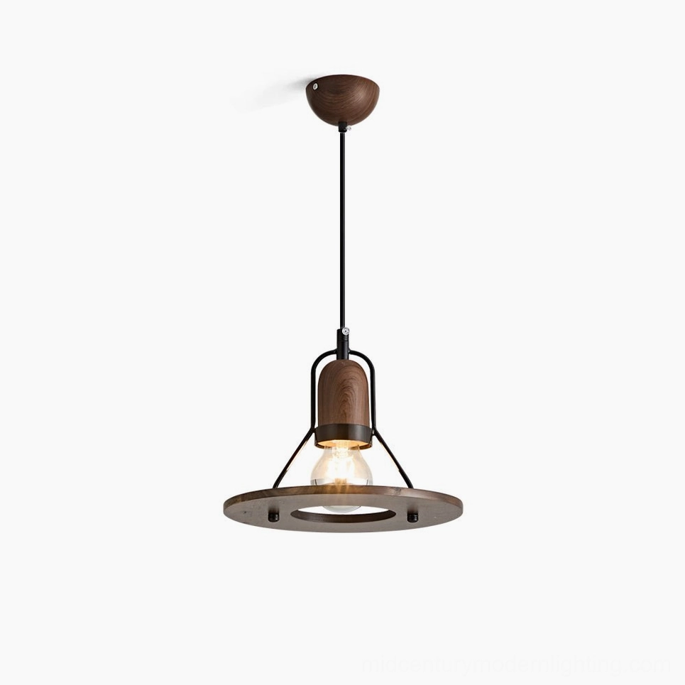 Lioren mid-century industrial pendant lamp with black metal shade and walnut wood accents, overhead studio view showcasing geometric design