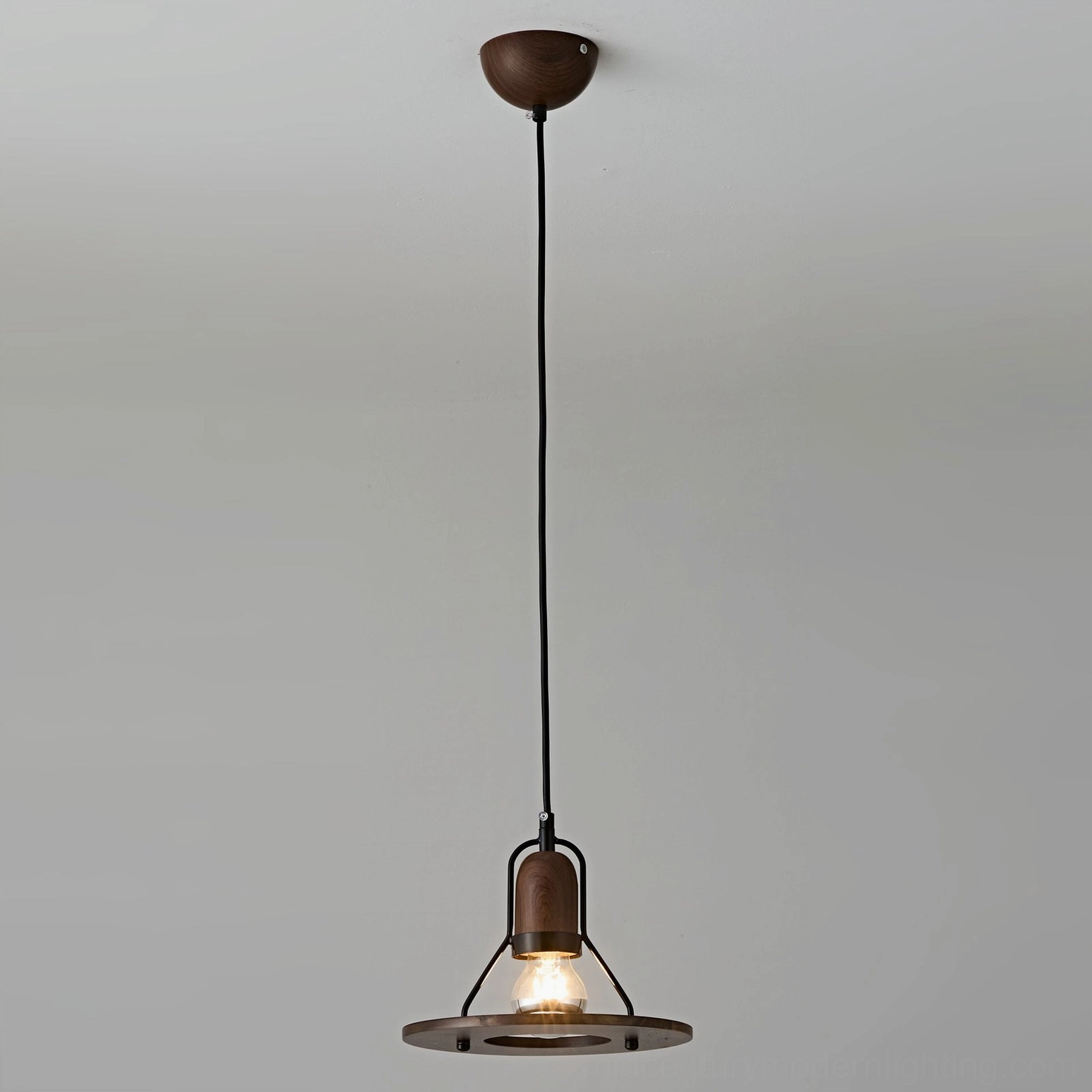 Lioren industrial pendant lamp geometric profile, matte black finish with wood veneer accents, minimalist design
