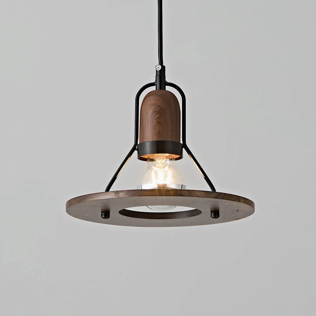 Close-up detailed view of Lioren pendant lamp, exposed Edison bulb base, wide metal shade industrial craftsmanship