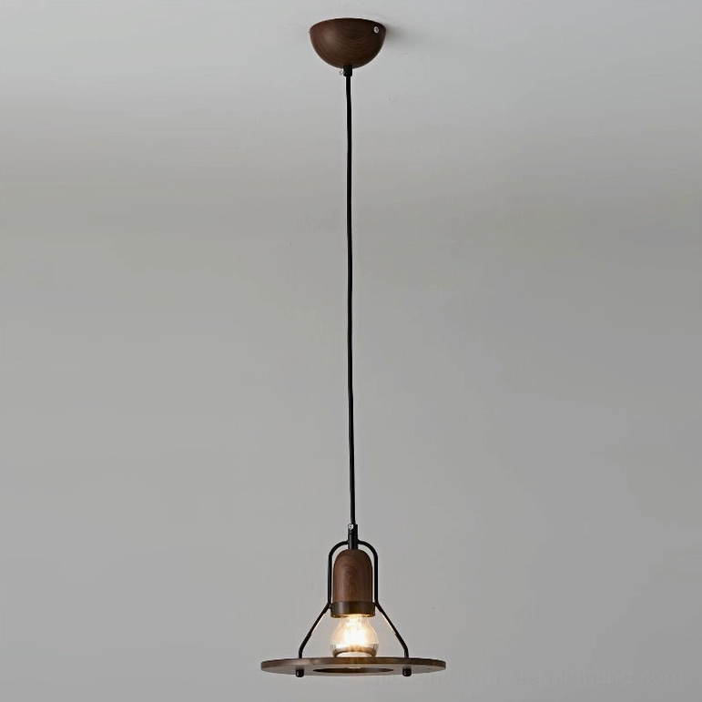 Lioren mid-century pendant lamp side view, sleek matte black metal shade with walnut accents, minimalist industrial design