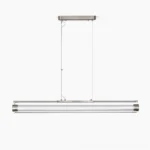 Lirna linear LED chandelier with brushed nickel finish and ribbed clear glass shade on white background