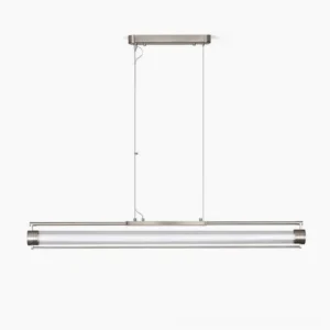 Lirna linear LED chandelier with brushed nickel finish and ribbed clear glass shade on white background