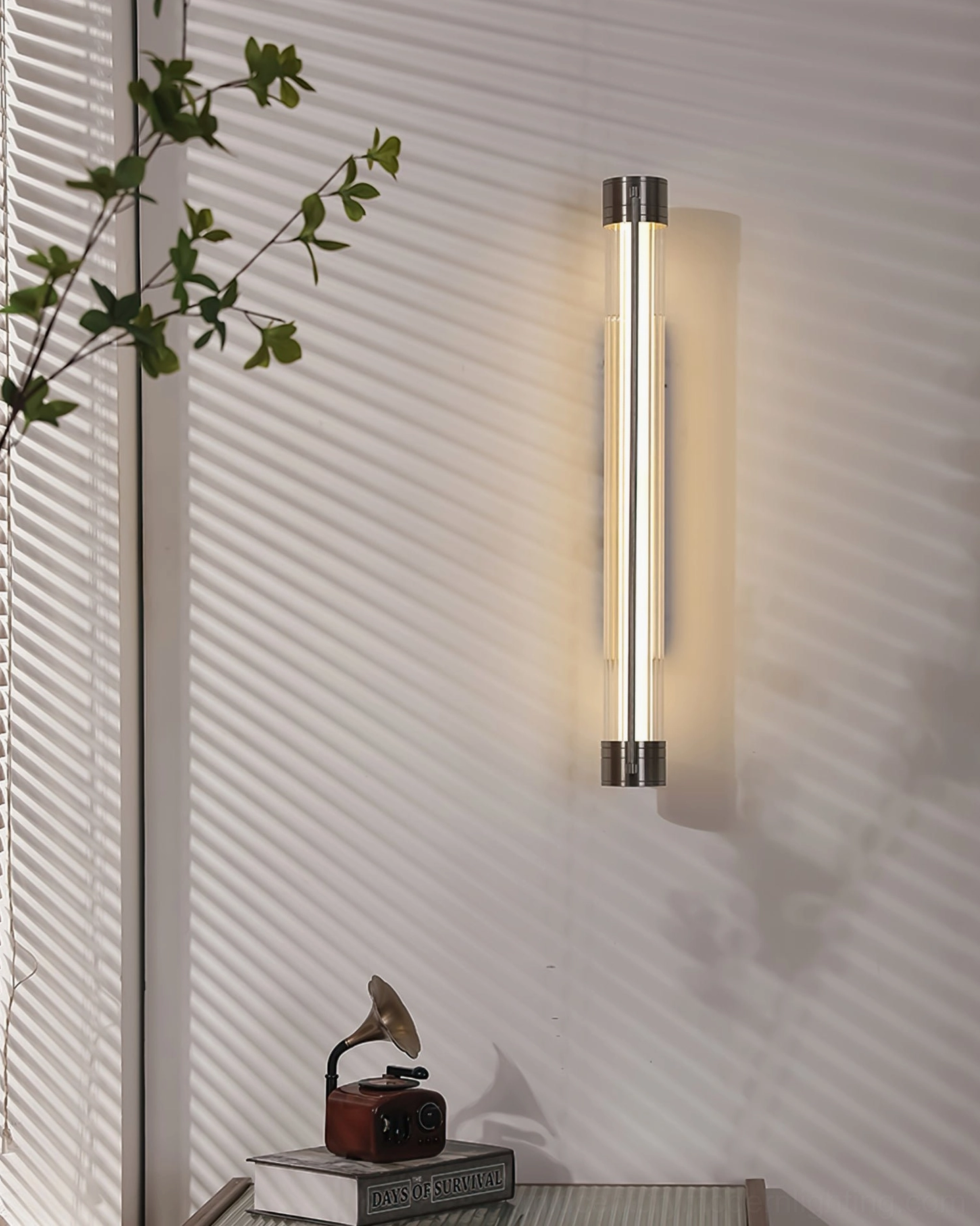 Lirna modern wall lamp installation example vertical ribbed glass shade