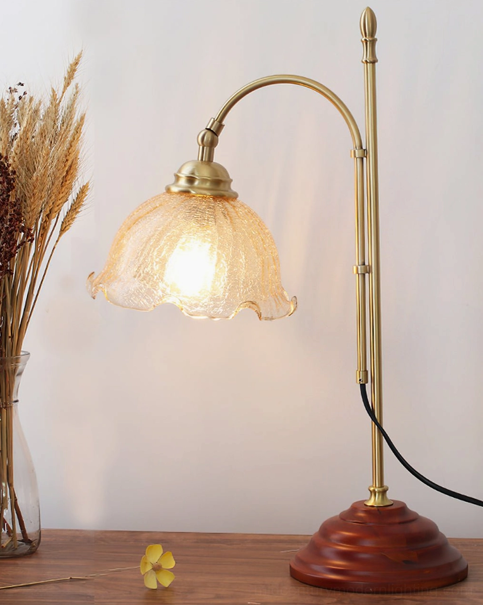 Lit textured table lamp creating warm vintage atmosphere in styled home interior scene