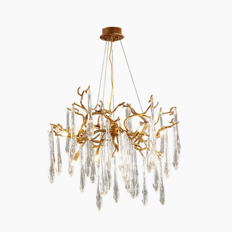 Livio Crystal Branch Chandelier antique bronze finish detail showing brass patina and crystal refraction quality