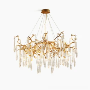 Livio Crystal Branch Chandelier with antique bronze finish and teardrop crystal pendants, studio front view