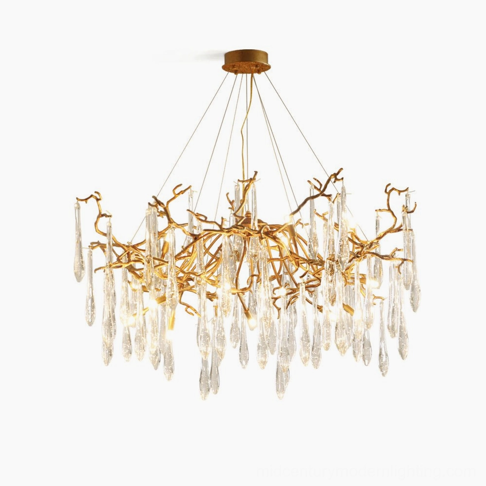 Livio Crystal Branch Chandelier with antique bronze finish and teardrop crystal pendants, studio front view