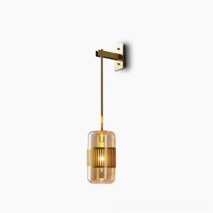 Lizak brass wall sconce with amber glass shade on white background, featuring vertical slat design and modern minimalist aesthetic