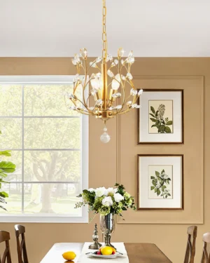 Lofami gold crystal chandelier installed in elegant beige dining room with traditional decor
