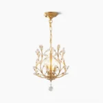 Lofami crystal pendant chandelier close-up front view showing gold metal frame and crystal accents on white background