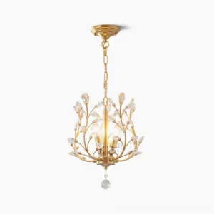 Lofami crystal pendant chandelier close-up front view showing gold metal frame and crystal accents on white background