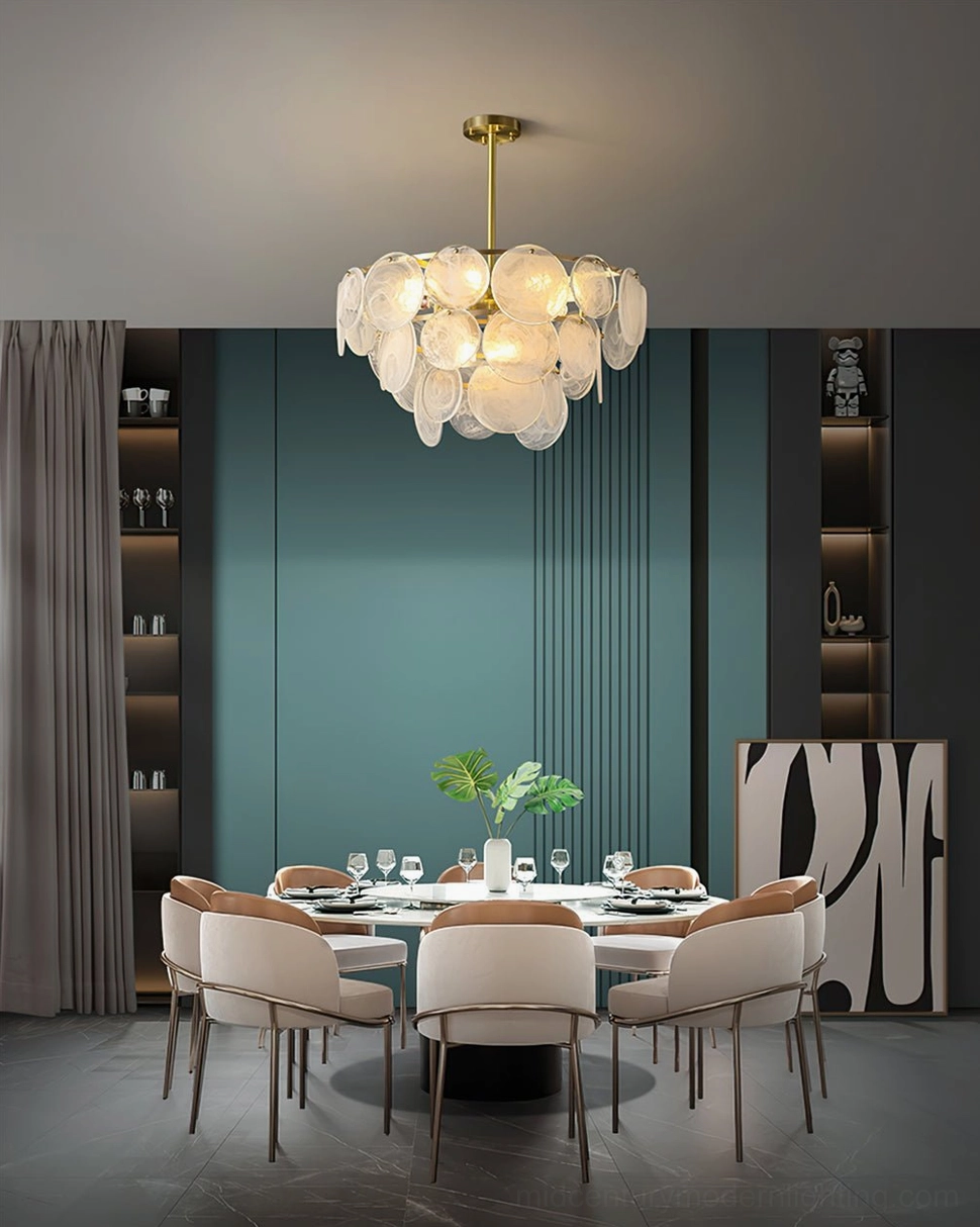 Loire Brass Chandelier full view - mid-century modern lighting fixture with organic wavy glass design