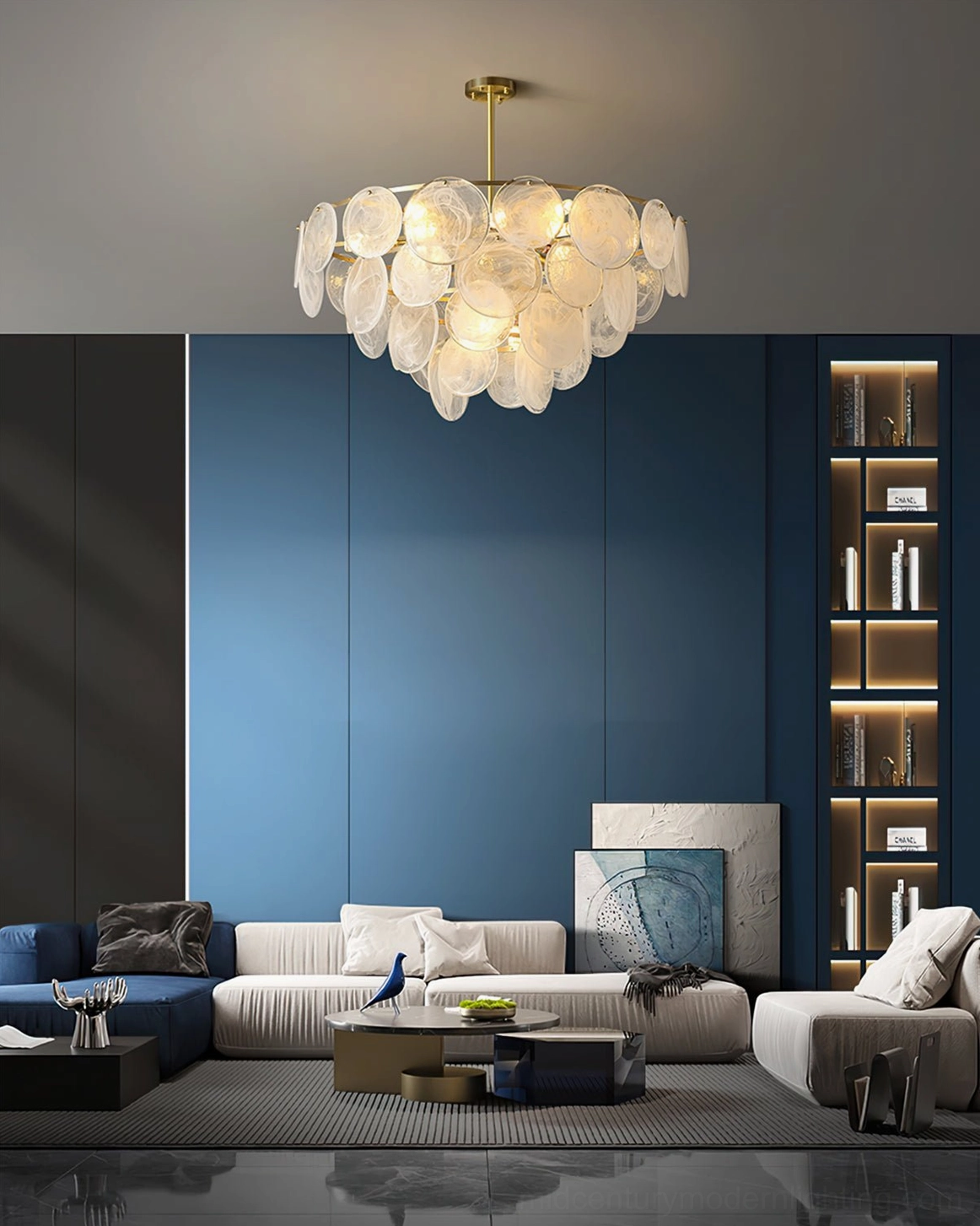 Loire Chandelier architectural detail showing brushed brass frame construction and frosted glass cloud pendant shades
