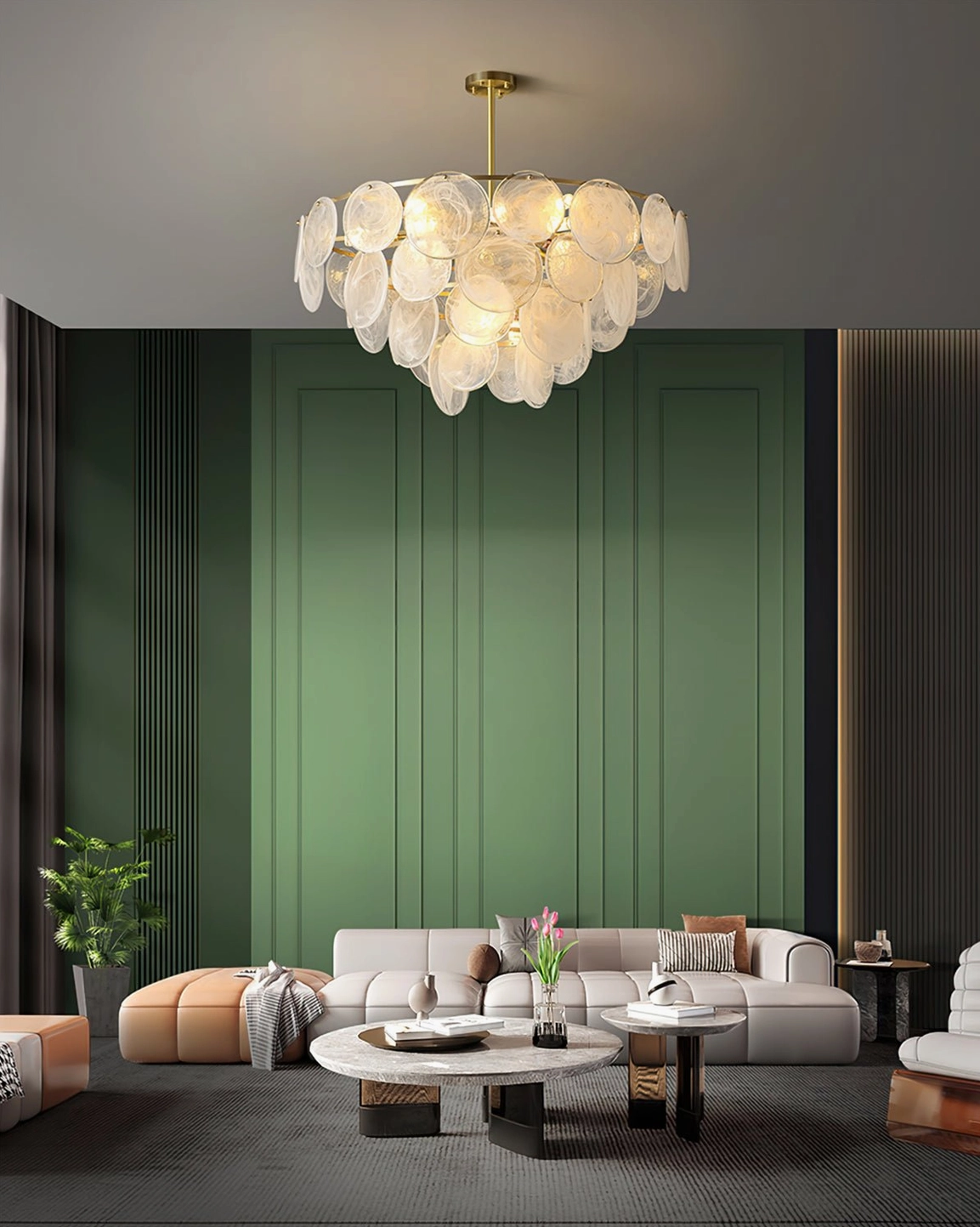 Loire Chandelier fixture showing brushed brass hardware and multiple frosted glass pendant installation detail